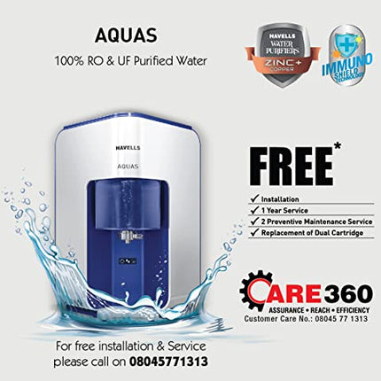 Havells AQUAS Water Purifier (White and Blue), RO+UF, Copper+Zinc+Minerals, 5 stage Purification, 7L Tank, Suitable for Borwell, Tanker & Municipal Water 