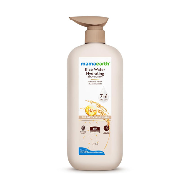 Mamaearth Rice Water Hydrating Body Lotion with Rice Water & Niacinamide for Dewy Glass Skin | 48 Hrs Moisturization | Nourishes Skin | 7in1 Total Care | 100% Natural Butter | Non Greasy Smooth Skin | 400 ml