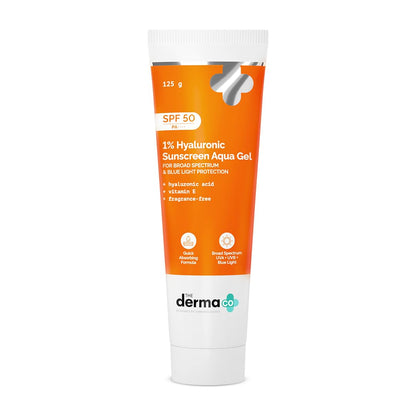 The Derma Co 1% Hyaluronic Sunscreen Aqua Gel SPF 50 PA++++ I For Oily, Dry, Acne-prone Skin | Ultra Lightweight Texture I Non-Greasy I No White Cast | Broad Spectrum Protection & Blue Light Protection | For Men & Women | 50 g