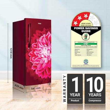 Haier 190L 3-Star Direct Cool Single Door Refrigerator (HED-203RD-P, Red Dahelia, 2024 Model) 