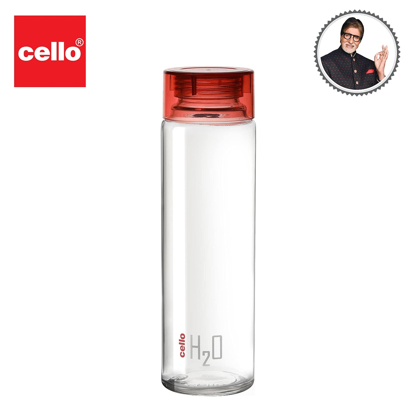 Cello H2O Glass Fridge Water Bottle with Plastic Cap | Leak Proof & Break-Proof | Wide Mouth & Easy to Clean | Best Usage for Office/School/College | 920ml | Red