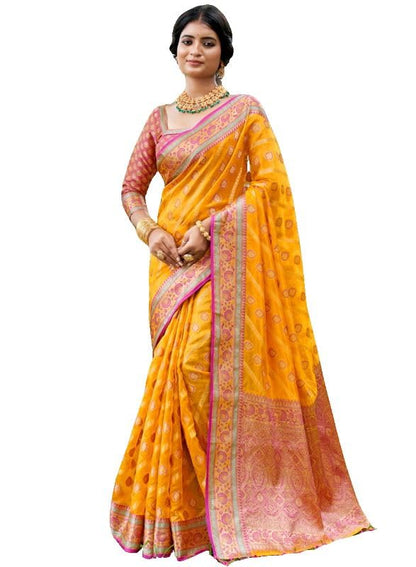 SGF11 Women's Organza Kanjivaram Pure Soft Silk Handloom Saree Pure Golden Zari With Blouse Piece