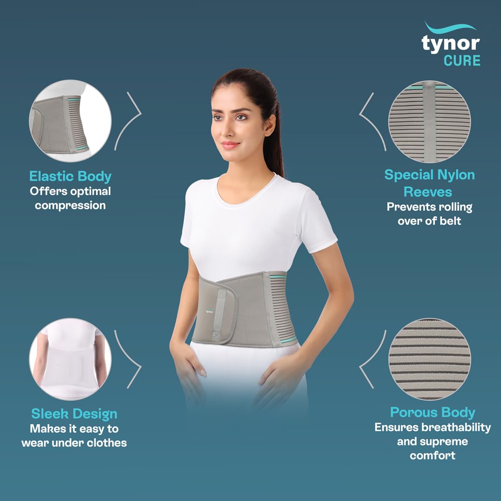 Tynor Abdominal Support 9"/23cm - Lower Back Support Belt Brace for Men & Women | Breathable, Pain Relief & Recovery, Pack of 1 (Grey, Large)