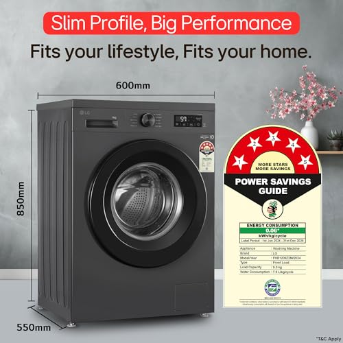 LG 9 Kg, 5 Star, AI Direct Drive Technology, Steam, 6 Motion DD & Wi-Fi Fully-Automatic Front Load Washing Machine (FHP1209Z5M, Intelligent & Convenient Fabric Care, Allergy Care, Middle Black)