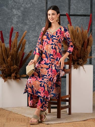 ANNI DESIGNER Women's Rayon Blend Printed Straight Kurta with Palazzo