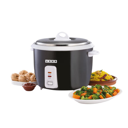 USHA RC18SS1 D 700 Watt 1.8 Litres Automatic Rice Cooker with Powerful Heating Element, Keep Rice Warm for 5 Hrs, Steamer, Trivet Plate & more accessories, 5 Yrs Warranty (Black),with stainless steel lid 