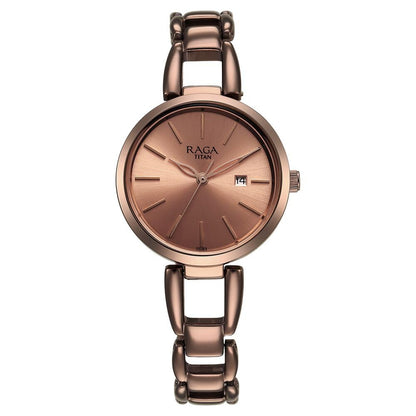 Titan Raga Viva Quartz Analog with Date Rose Gold Dial Brown Metal Strap Watch for Women-NS2642QM01