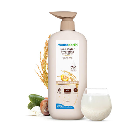 Mamaearth Rice Water Hydrating Body Lotion with Rice Water & Niacinamide for Dewy Glass Skin | 48 Hrs Moisturization | Nourishes Skin | 7in1 Total Care | 100% Natural Butter | Non Greasy Smooth Skin | 400 ml