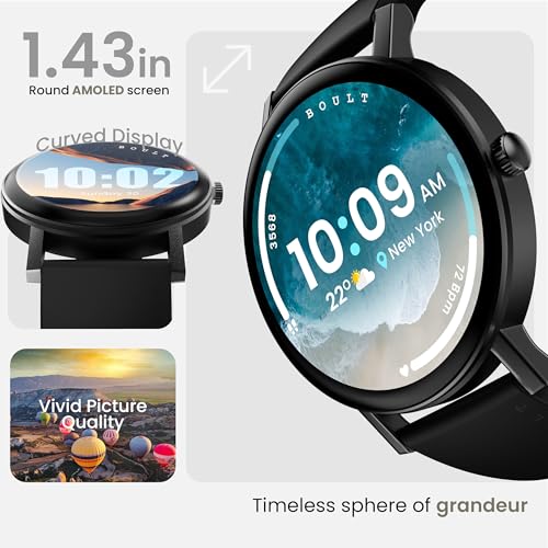 Boult Newly Launched Rover Pro Smart Watch 1.43'' AMOLED, Bluetooth Calling, IP68, Zinc Alloy Frame, 1000 Nits Brightness, AI Voice Assistant, SpO2 Monitoring, 120+ Sports Mode Smartwatch (Regal)