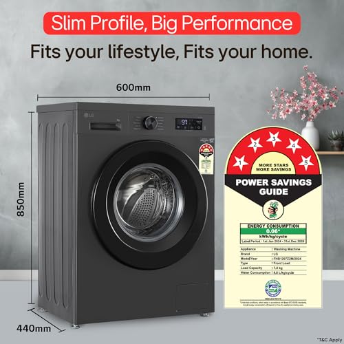 LG 7 Kg, 5 Star, Direct Drive Technology, Steam Wash, 6 Motion DD, Smart Diagnosis, Fully-Automatic Front Load Washing Machine (FHM1207SDM, Allergy Care, In-Built Heater, Touch Panel, Middle Black)