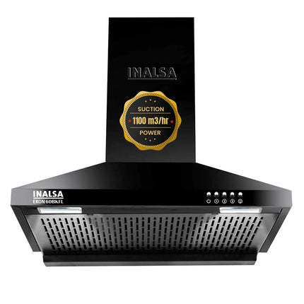 INALSA EKON 60cm 1100 m³/hr Pyramid Kitchen Chimney With Elegant Look|Push Button Control|Efficient Dual LED Lamps & Filterless|5 Year Warranty on Motor (Black)