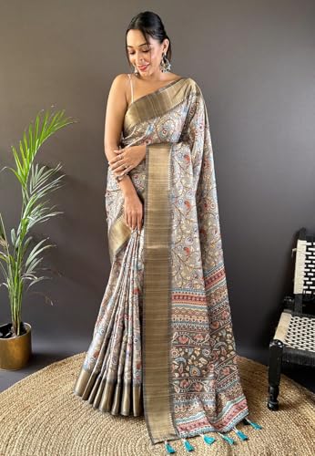 SGF11 Women's Kanjivaram Kalamkari Pure Soft Silk Printed Saree For Women's With Blouse Pieces