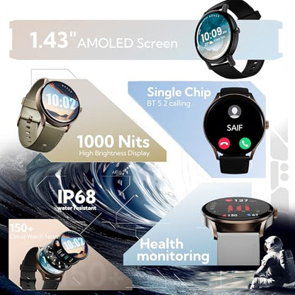 Boult Newly Launched Rover Pro Smart Watch 1.43'' AMOLED, Bluetooth Calling, IP68, Zinc Alloy Frame, 1000 Nits Brightness, AI Voice Assistant, SpO2 Monitoring, 120+ Sports Mode Smartwatch (Regal)