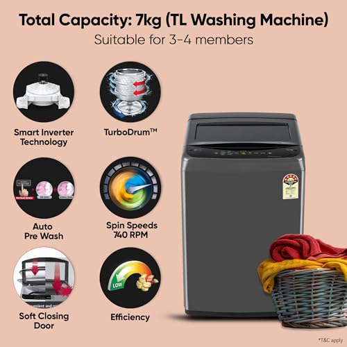 LG 7 Kg 5 Star Smart Inverter Technology Fully Automatic Top Load Washing Machine (2025 Model, T70VBMB1Z, Auto Prewash, Turbodrum, Stainless Steel drum, LED Display, Smart Diagnosis Middle Black)