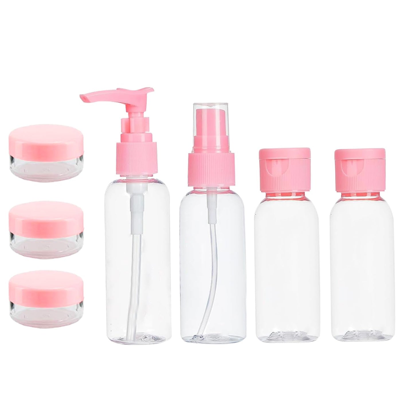 Temperia (7pcs Travel Bottles for Toiletries - Refillable Empty Mini Small Container Travelling Kit Set for Shampoo, Cosmetics & Other Essentials - with Pouch (Random Colours)