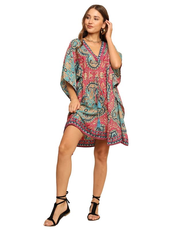 KE KANHA EXPORTS short Kaftan for women's & girls unique border design and tassel stretchable adjustable drawstring free size western kaftan fit flared floral all seasons