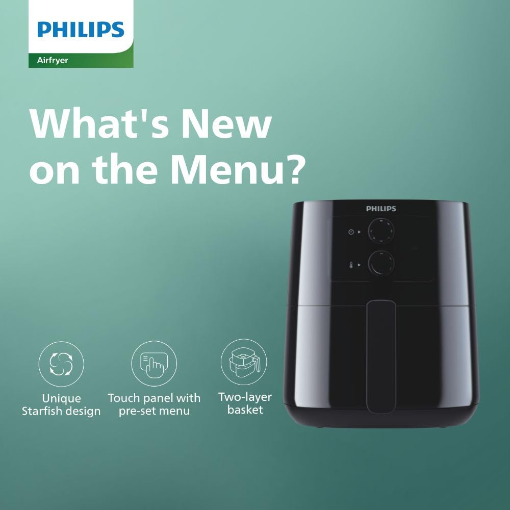 PHILIPS Air Fryer HD9200/90, uses up to 90% less fat, 1400W, 4.1 Liter, with Rapid Air Technology (Black), Large