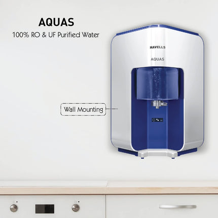 Havells AQUAS Water Purifier (White and Blue), RO+UF, Copper+Zinc+Minerals, 5 stage Purification, 7L Tank, Suitable for Borwell, Tanker & Municipal Water 