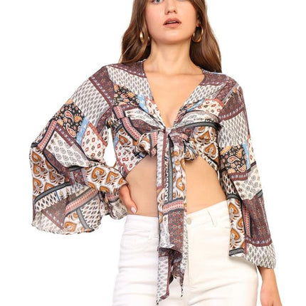 KE Kanha exportsWomen’s and Girls/Ladies Wrap Around Tops Beach wear Tunic Top V Neck Silk Casual Sleeve Printed Top Relaxed Fit Free Size