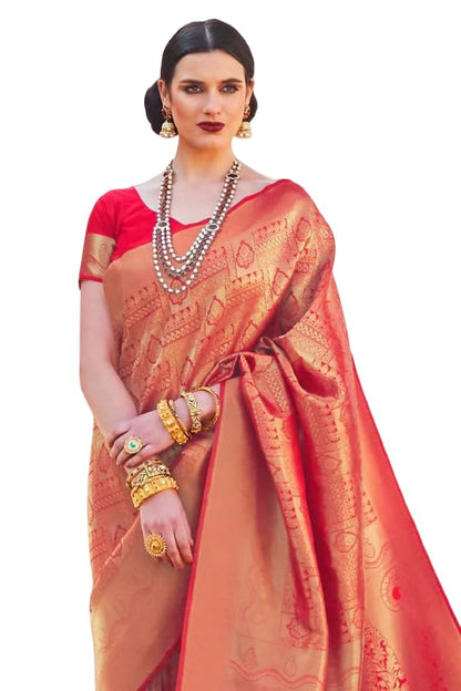 SWORNOF Womens Kanjivaram Silk Saree with Zari Woven Saree With Blouse Piece