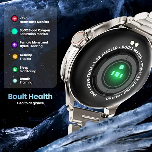 Boult Newly Launched Rover Pro Smart Watch 1.43'' AMOLED, Bluetooth Calling, IP68, Zinc Alloy Frame, 1000 Nits Brightness, AI Voice Assistant, SpO2 Monitoring, 120+ Sports Mode Smartwatch (Regal)