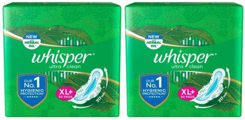 WHISPER ULTRA HYGIENE+COMFORT SANITARY PADS, 50 XL+ PADS, FOR HEAVY FLOW, LONG LASTING PROTECTION, LOCKS ODOUR & WETNESS, DRY TOP SHEET, DISPOSABLE WRAPPER