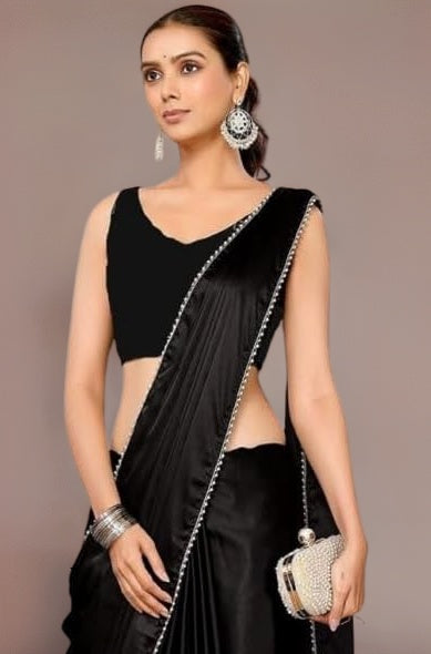 SATAZ Women's Ready to Wear Black Satin Silk 1 Minute Pre Pleated Saree with Beads Lace and Unstiched Blouse