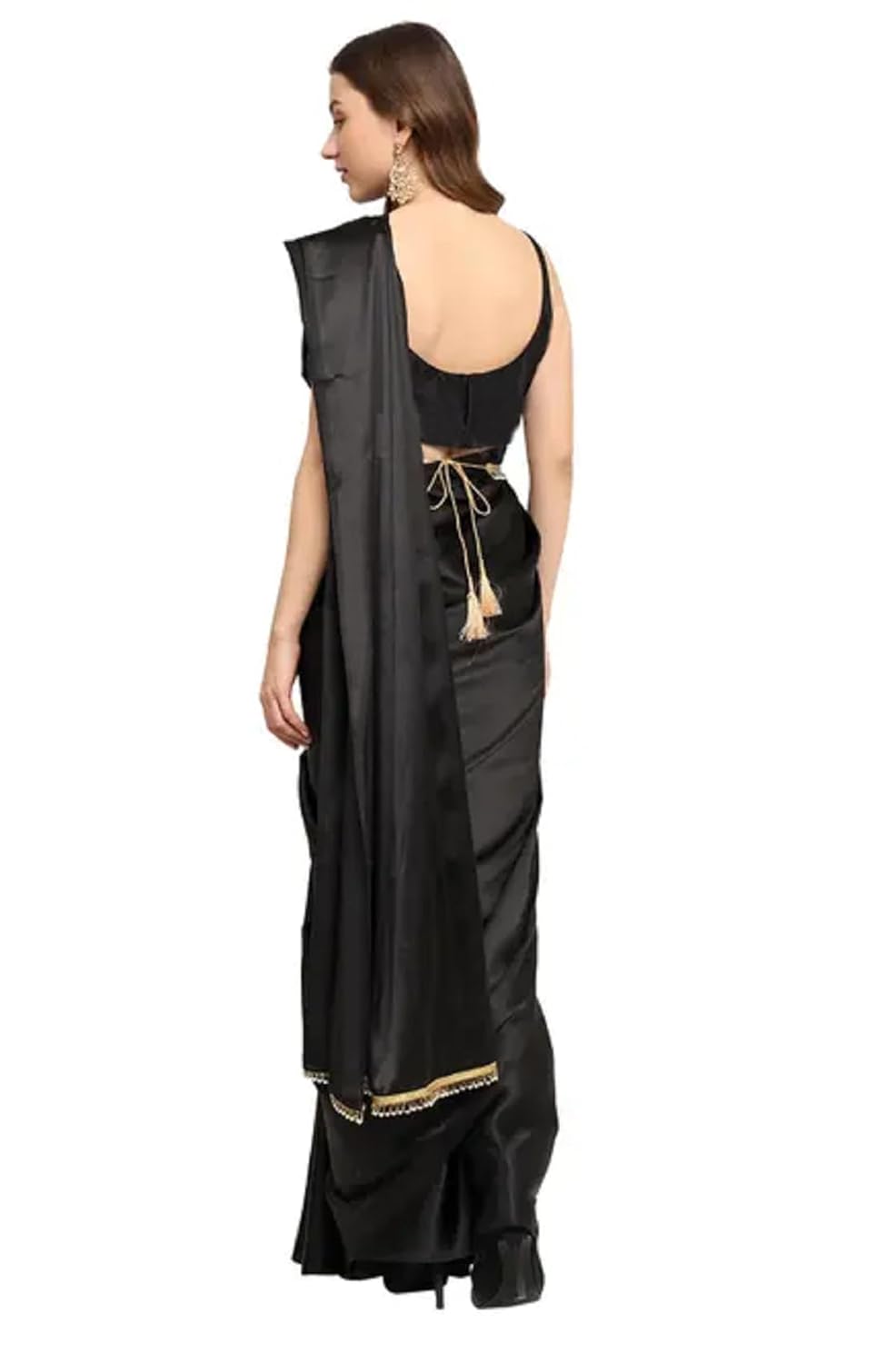 SATAZ Women's Ready to Wear Satin Silk One Minute Traditional Designer Saree With Unstiched Blouse And Waist Belt (Black)