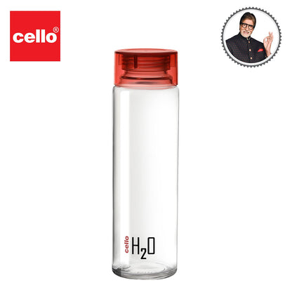 Cello H2O Glass Fridge Water Bottle with Plastic Cap | Leak Proof & Break-Proof | Wide Mouth & Easy to Clean | Best Usage for Office/School/College | 920ml | Red