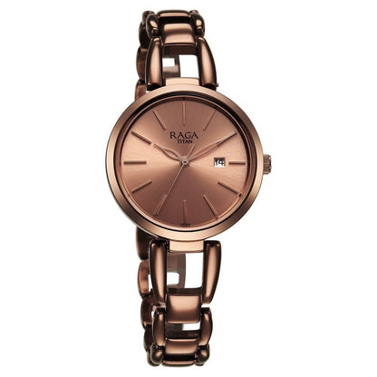 Titan Raga Viva Quartz Analog with Date Rose Gold Dial Brown Metal Strap Watch for Women-NS2642QM01