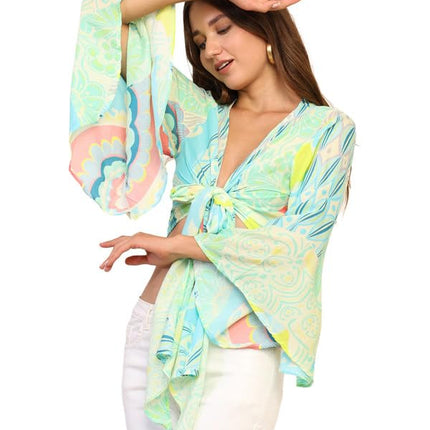 KE Kanha exportsWomen’s and Girls/Ladies Wrap Around Tops Beach wear Tunic Top V Neck Silk Casual Sleeve Printed Top Relaxed Fit Free Size