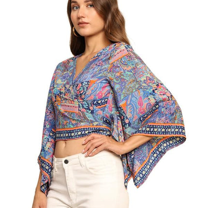 KE Kanha exportsWomen’s and Girls/Ladies Wrap Around Tops Beach wear Tunic Top V Neck Silk Casual Sleeve Printed Top Relaxed Fit Free Size