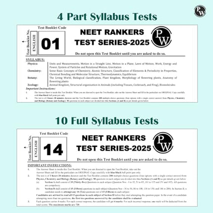 PW NTA NEET Rankers Test Series 2025 Verified & Curated by Expert Faculties | 10 Full Syllabus + 4 Part Syllabus (Class 11 & 12) | OMR Sheet, Solution Booklet with NCERT References 