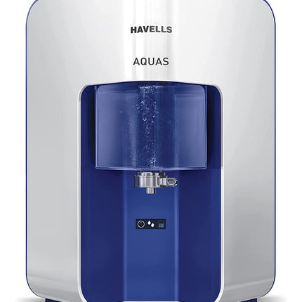 Havells AQUAS Water Purifier (White and Blue), RO+UF, Copper+Zinc+Minerals, 5 stage Purification, 7L Tank, Suitable for Borwell, Tanker & Municipal Water 