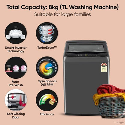 LG 8 Kg 5 Star Smart Inverter Technology Fully Automatic Top Load Washing Machine (2025 Model, T80VBMB4Z, Turbodrum, Auto Prewash, Stainless Steel drum, LED Display, Smart Diagnosis, Middle Black)