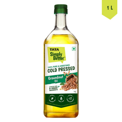 Tata Simply Better Pure & Unrefined Cold Pressed Groundnut (Peanut) Oil,Kolhu/Kacchi Ghani/Mara Chekku/Ganuga,Naturally Cholesterol Free,1L,Groundnut Oil Rich Aroma & Flavour Of Real Groundnuts