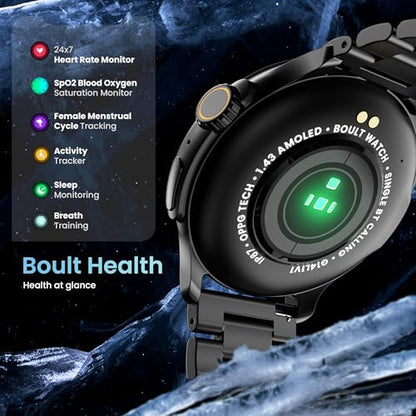 Boult Newly Launched Rover Pro Smart Watch 1.43'' AMOLED, Bluetooth Calling, IP68, Zinc Alloy Frame, 1000 Nits Brightness, AI Voice Assistant, SpO2 Monitoring, 120+ Sports Mode Smartwatch (Regal)