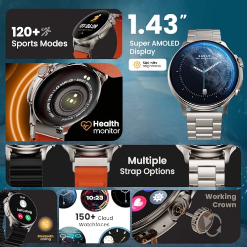 Boult Newly Launched Rover Pro Smart Watch 1.43'' AMOLED, Bluetooth Calling, IP68, Zinc Alloy Frame, 1000 Nits Brightness, AI Voice Assistant, SpO2 Monitoring, 120+ Sports Mode Smartwatch (Regal)