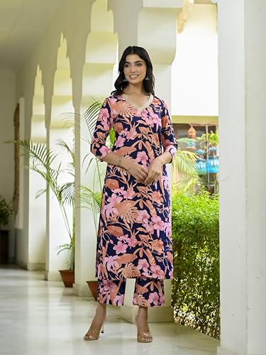 ANNI DESIGNER Women's Rayon Blend Printed Straight Kurta with Palazzo