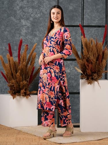 ANNI DESIGNER Women's Rayon Blend Printed Straight Kurta with Palazzo