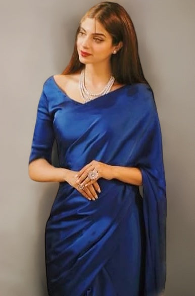 SATAZ Women's Ready to Wear Dark Blue Plain Satin Silk 1 Minute Pre Pleated Saree with Unstiched Blouse