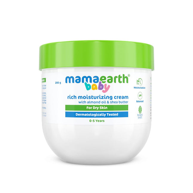 Mamaearth Baby Rich Moisturizing Cream With Almond Oil & Shea Butter For Dry Skin - 200 g | For Face & Body | 24-Hour Moisturization | Nourishes & Softens Skin