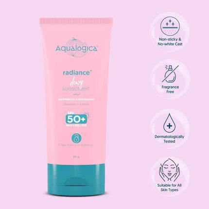 Aqualogica Radiance+ Dewy Sunscreen SPF 50+ PA+++ | With Watermelon & Niacinamide | For UVA/B & Blue Light Protection | Makes Skin Radiant & Bright | For Men & Women | 50 g