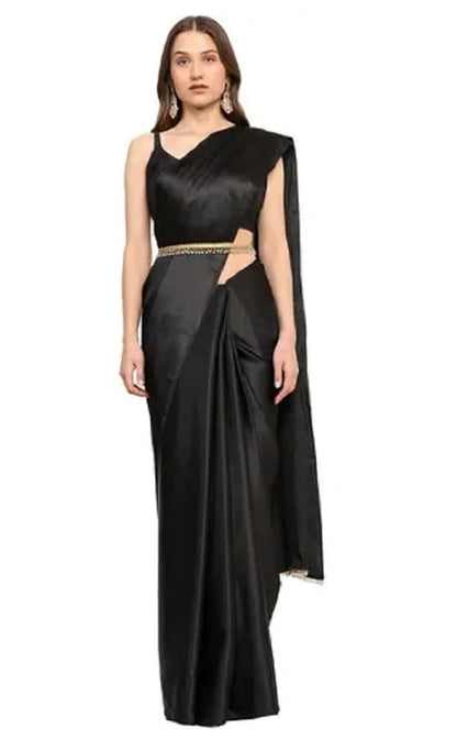 SATAZ Women's Ready to Wear Satin Silk One Minute Traditional Designer Saree With Unstiched Blouse And Waist Belt (Black)