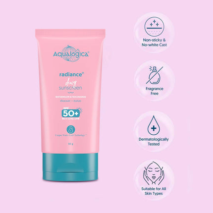 Aqualogica Radiance+ Dewy Sunscreen SPF 50+ PA+++ | With Watermelon & Niacinamide | For UVA/B & Blue Light Protection | Makes Skin Radiant & Bright | For Men & Women | 50 g