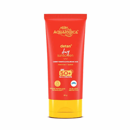 Aqualogica Detan+ Dewy Lightweight Sunscreen with SPF 50+ & PA++++ | For UVA/B & Blue Light Protection | For Normal, Sensitive & Dry Skin | Tan Removal & No White Cast | For Men & Women | 50g