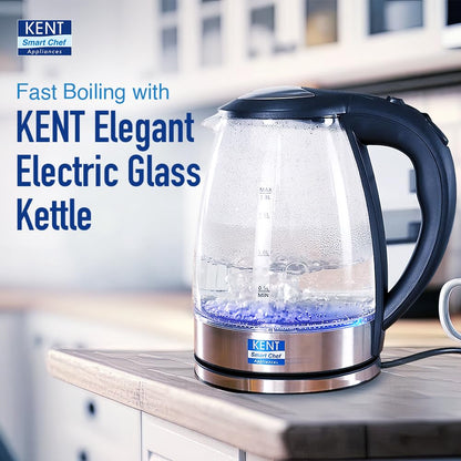 KENT Elegant Electric Glass Kettle (16052), 1.8L, Stainless Steel Heating Plate, Borosilicate Glass Body, Boil Drying Protection