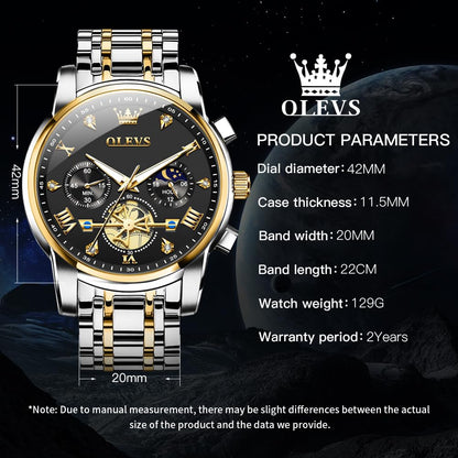 OLEVS Mens Watches Chain Chronograph Business Dress Quartz Stainless Steel Wrist Watch Waterproof Luminous Date