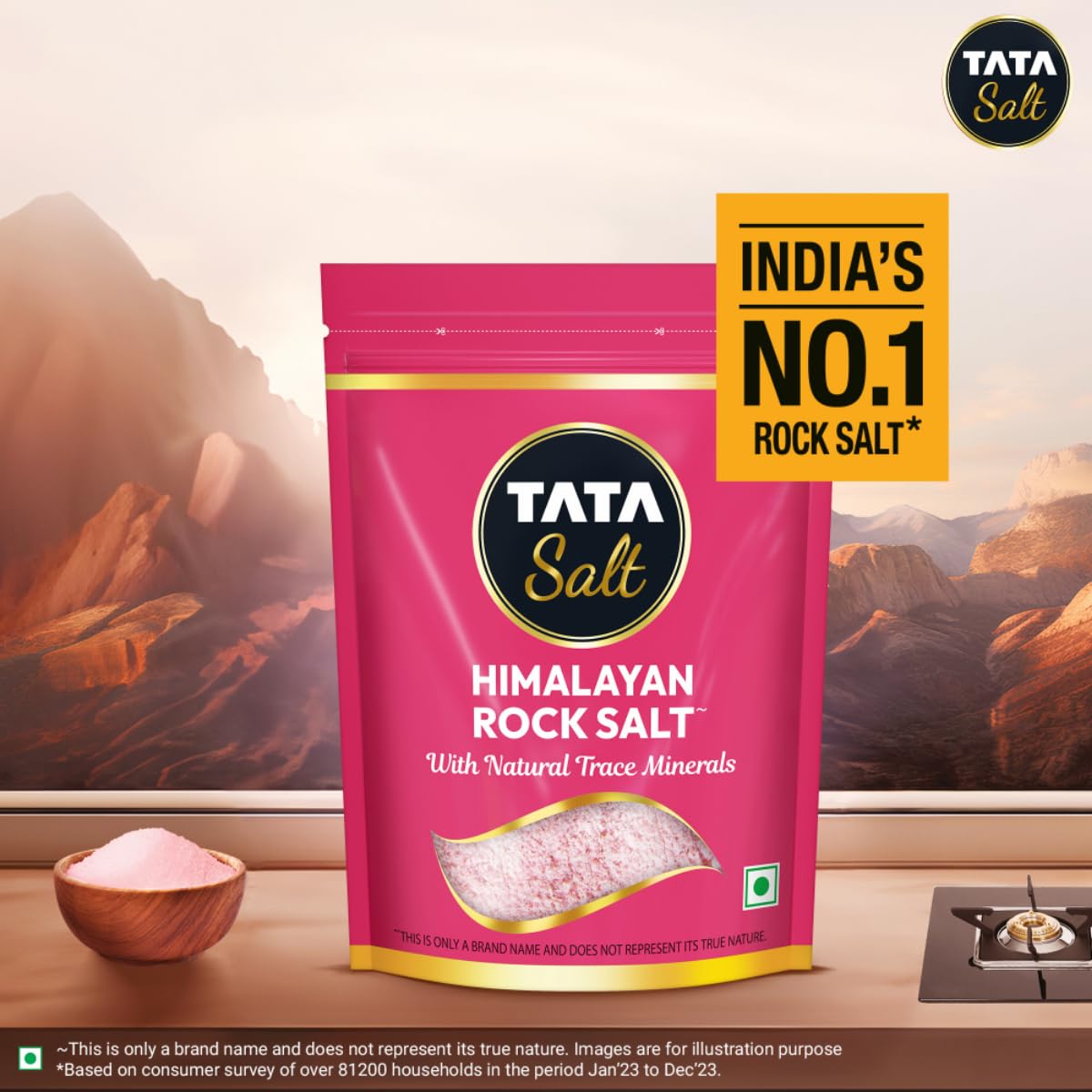 Tata Himalayan Rock Pink Salt, 1kg Pouch, Premium Sendha Namak, With Natural Trace Minerals, Low Sodium, Crystal Salt