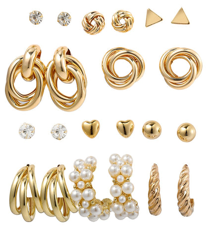 Shining Diva Fashion 11 Pairs Combo Set Celebrity Inspired Latest Trendy Stylish Gold Plated Geometric Twist Pearl Hoop Dangle Earrings for Women and Girls